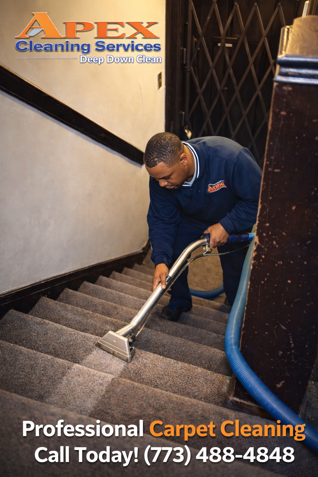 Apex technician cleaning carpet on stairs